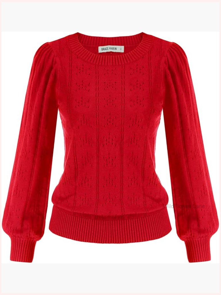 Long Lantern Sleeve Crew Neck Crochet Pullover Sweater